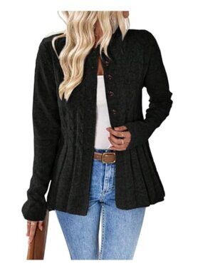 Women's Cable Knit Button Down Cardigan Long Sleeve Crewneck Sweater